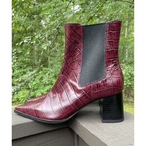 Mob Wife Burgundy Croc Leather Chelsea Boots M&S Insolia Block Heel Size 6